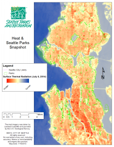 Map with thermal imagery of Seattle and parks highlighted.