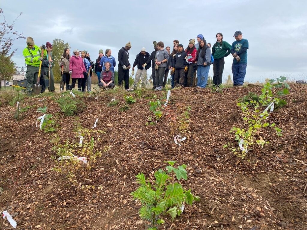 A large group of people posing by newly planted shrubs,