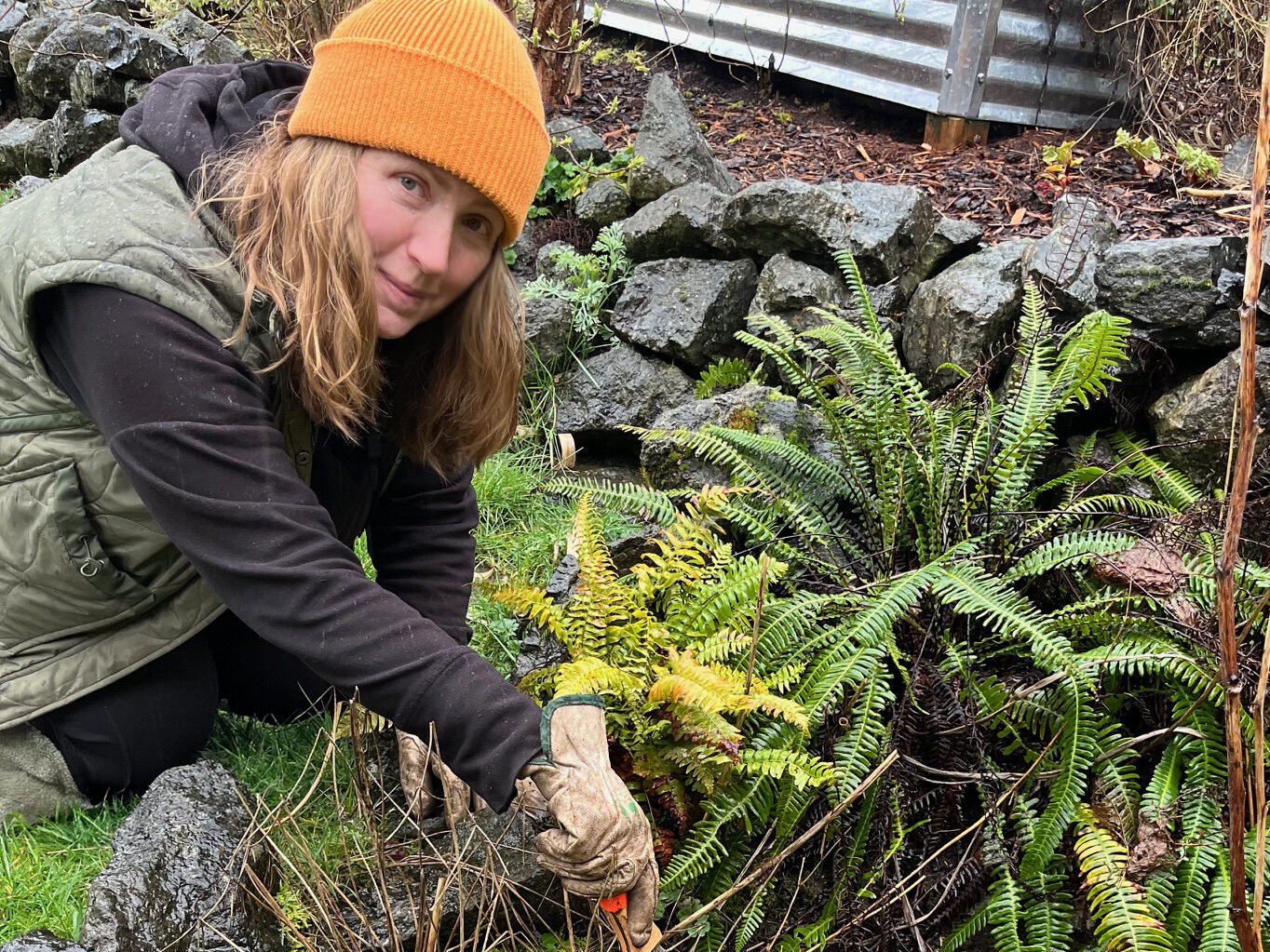 Lisa using a hand shovel among ferns.