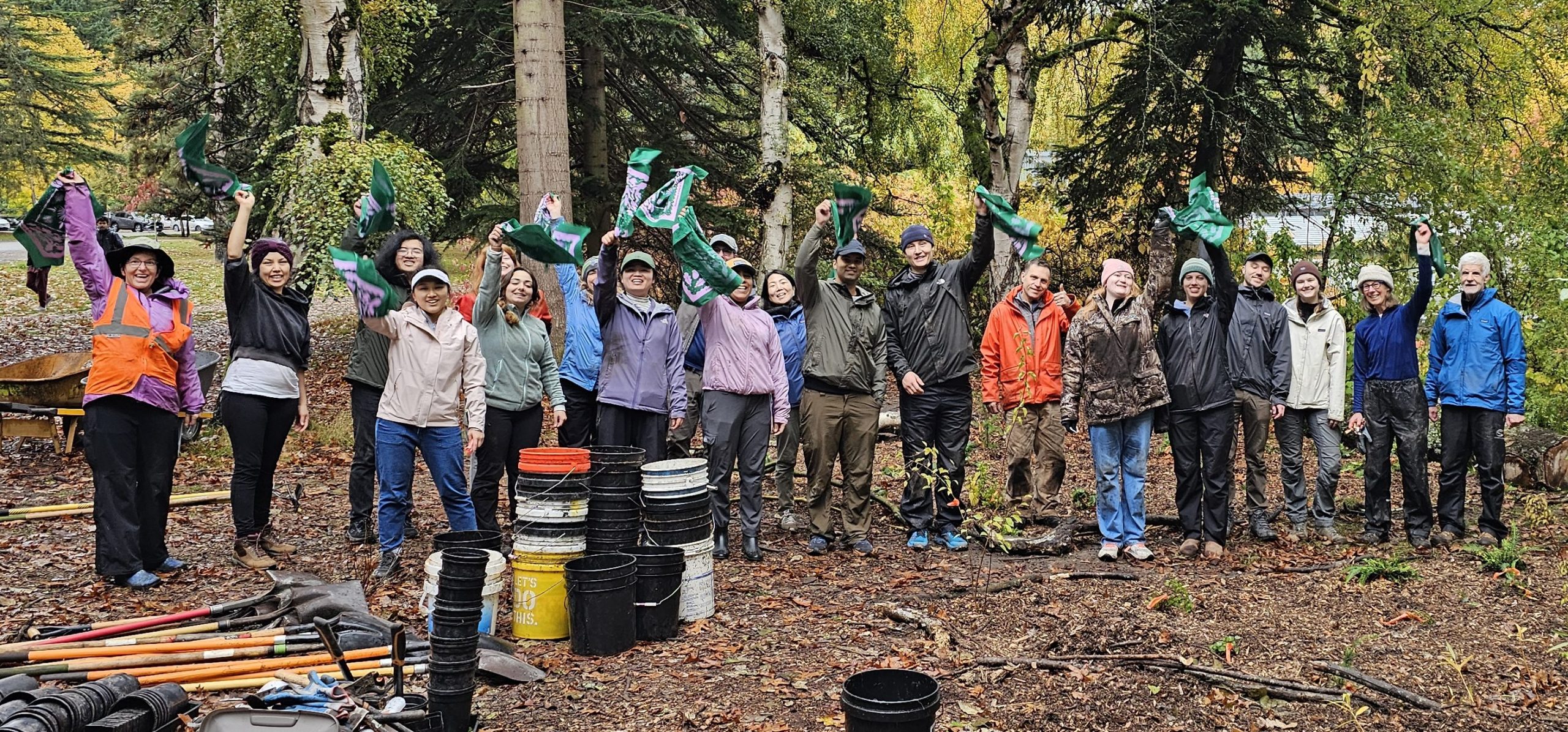 Group photo at Seward Park with about 20 people.