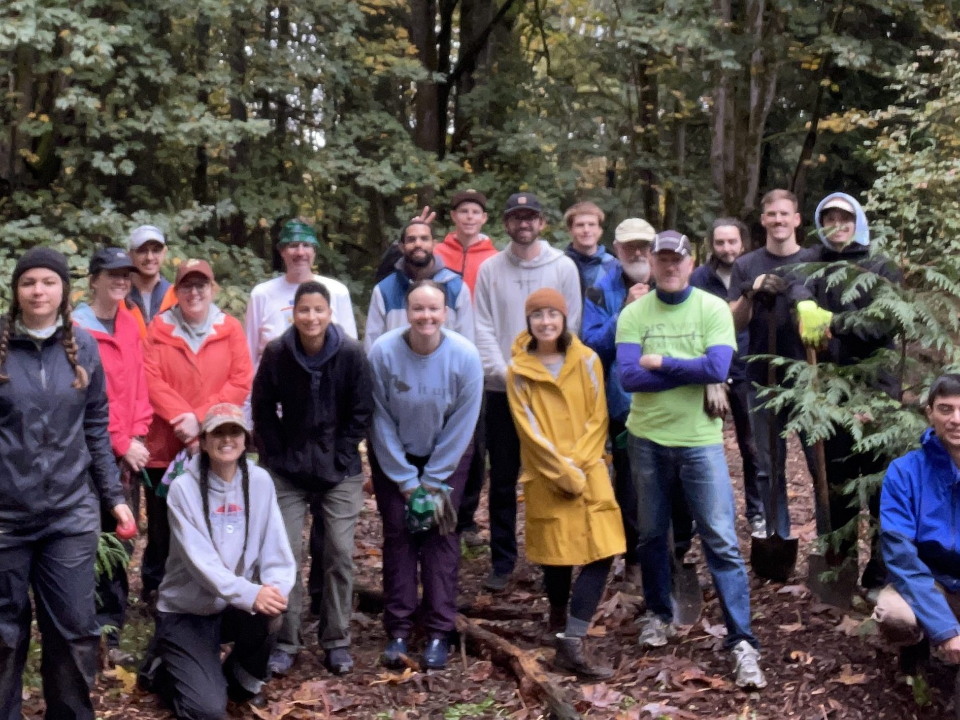 Group photo at woodland park with about 20 people.